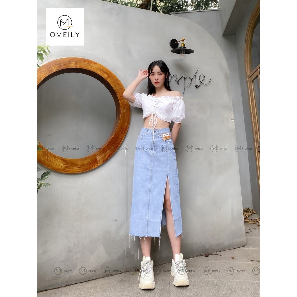Chân váy Jeans xẻ tà cạp lưng cao chất liệu denim cao cấp Omeily | BigBuy360 - bigbuy360.vn