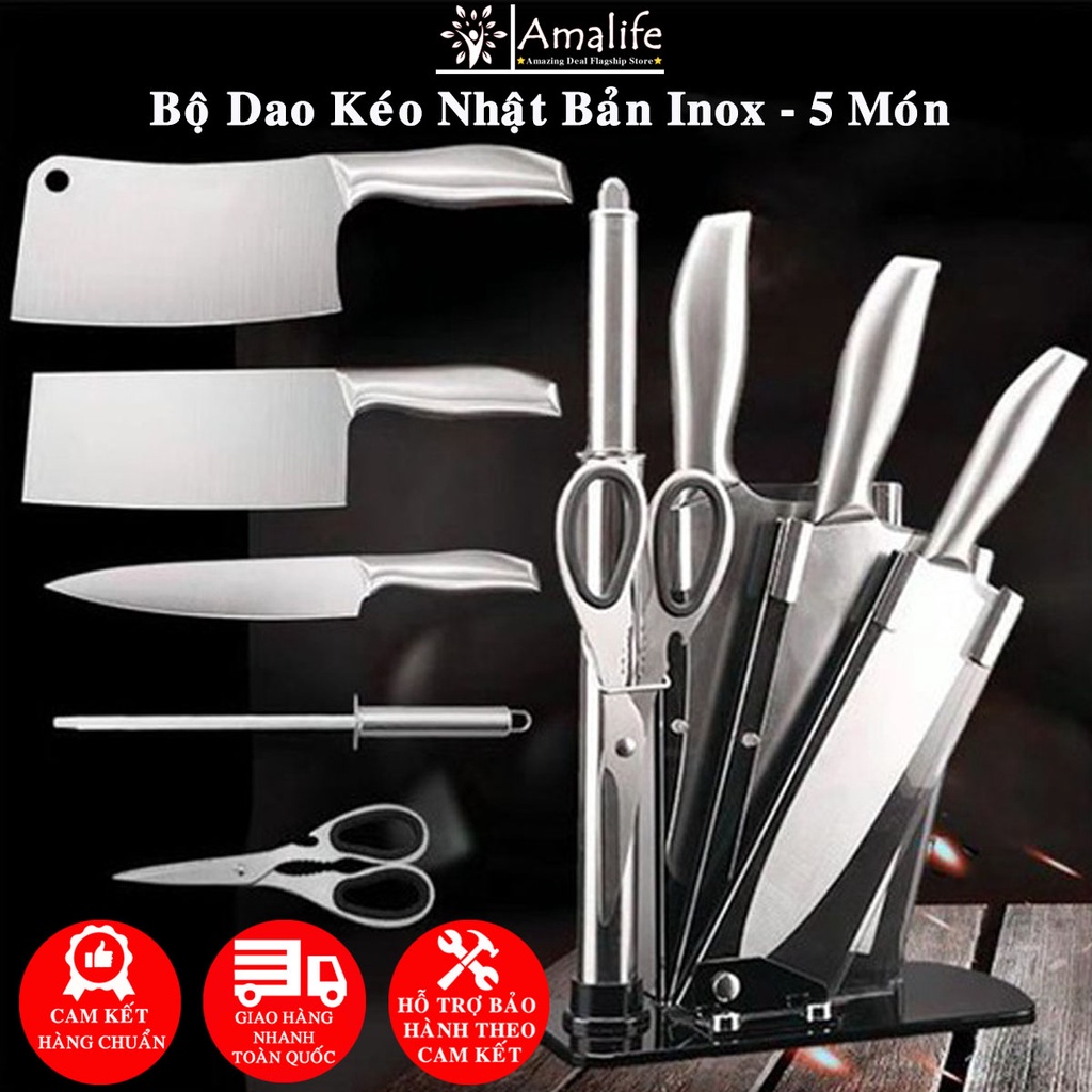 Bộ Dao Kéo Nhật Bản 5 Món Bằng Inox Đúc Nguyên Khối Cao Cấp Kháng Khuẩn Cực Tốt – Tặng Kèm Bộ Để Dao Thớt Chuyên Dụng