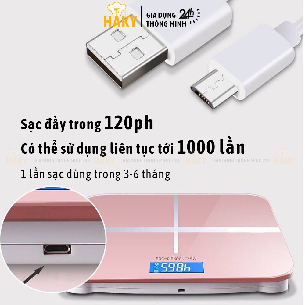 Cân điện tử sạc USB cao cấp HAKY019, cân đo chuẩn xác, hiển thị nhiệt độ phòng, mặt kính cường lực chịu tối đa 180kg
