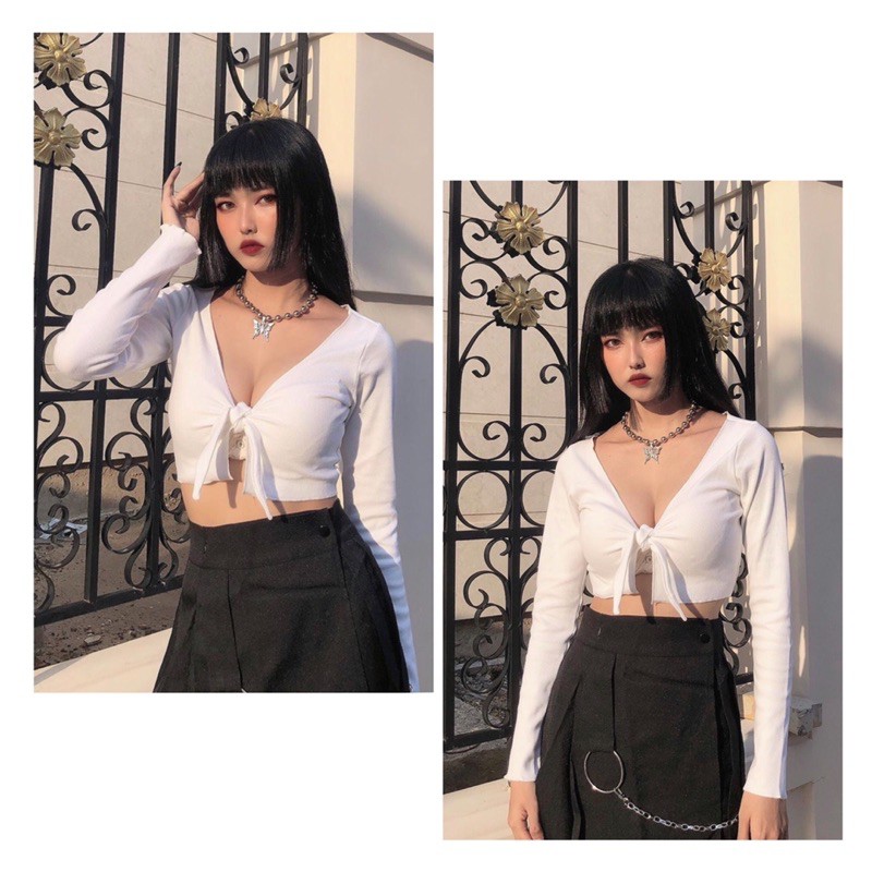 GILLBABY | Áo croptop ôm body tay dài sexy thắt nơ ngực sang Chảnh đi Chơi đi Bar  (JESSIE TOP)