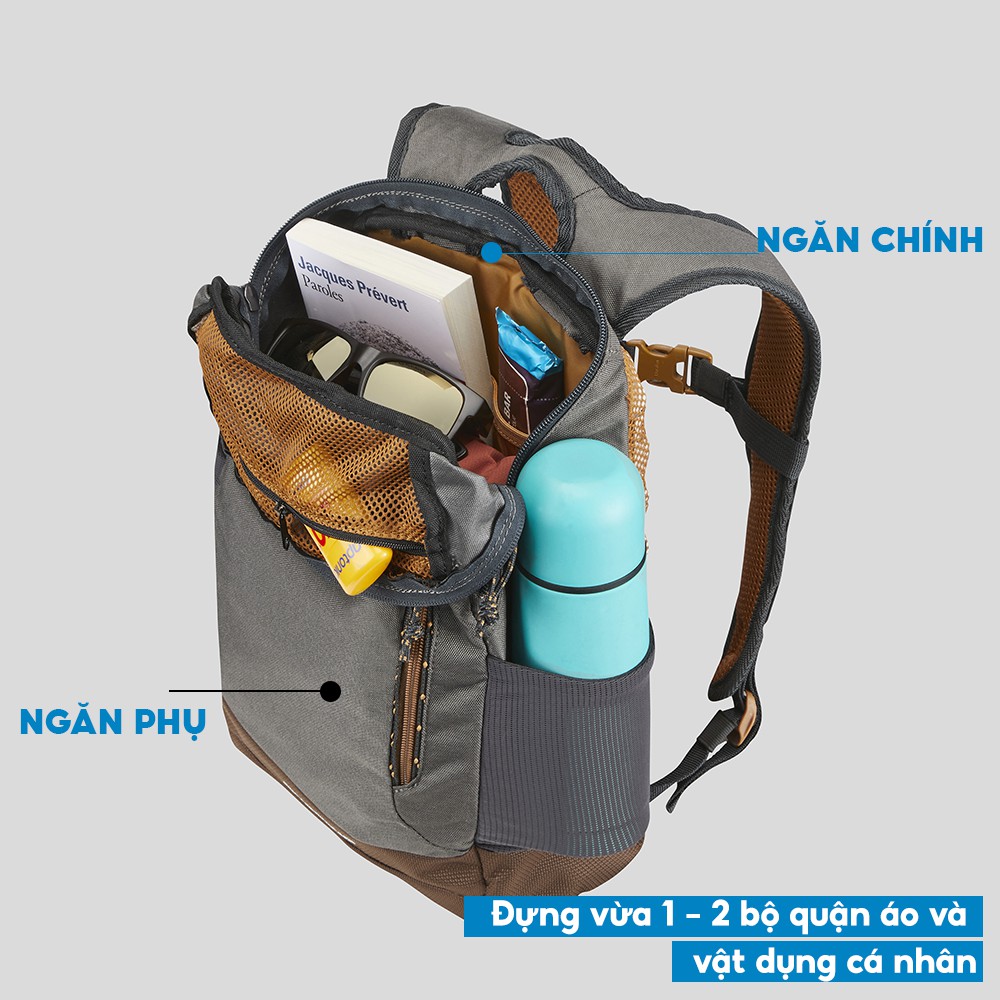 Balo QUECHUA n-hiking leo núi, dã ngoại 10 lít - xám/ kaki