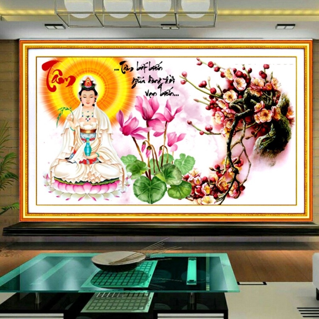 Tranh gắn đá phật bà quan âm chữ tâm KT:100x62cm.tranh đính đá chưa gắn