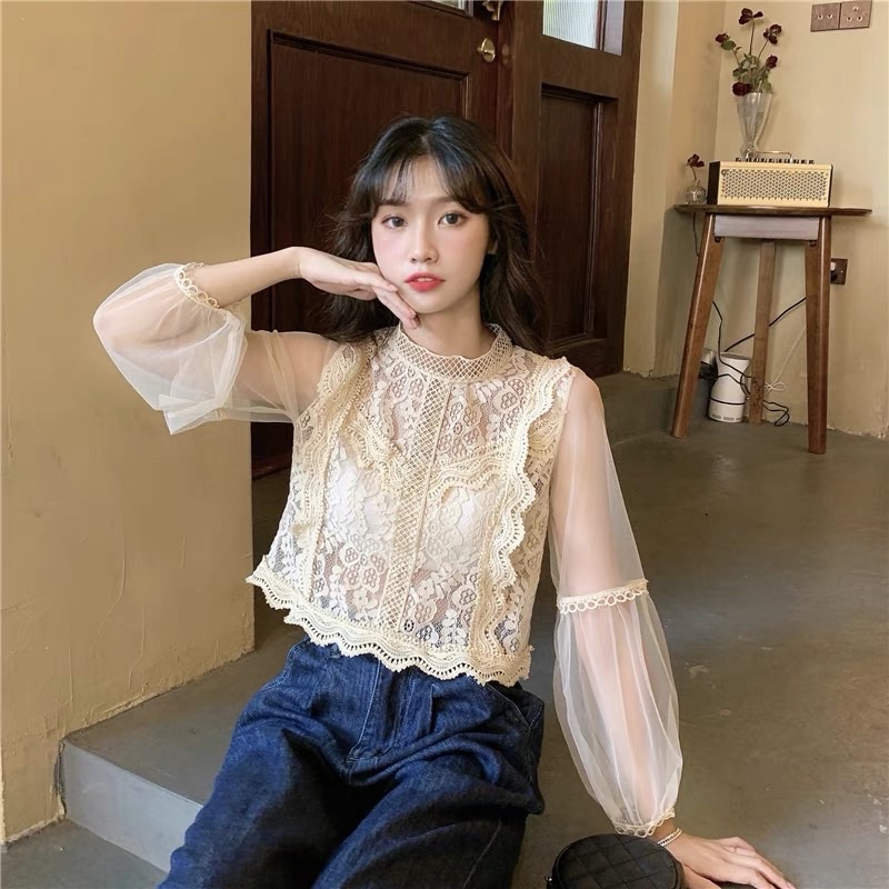 Áo ren phối tay bồng lưới