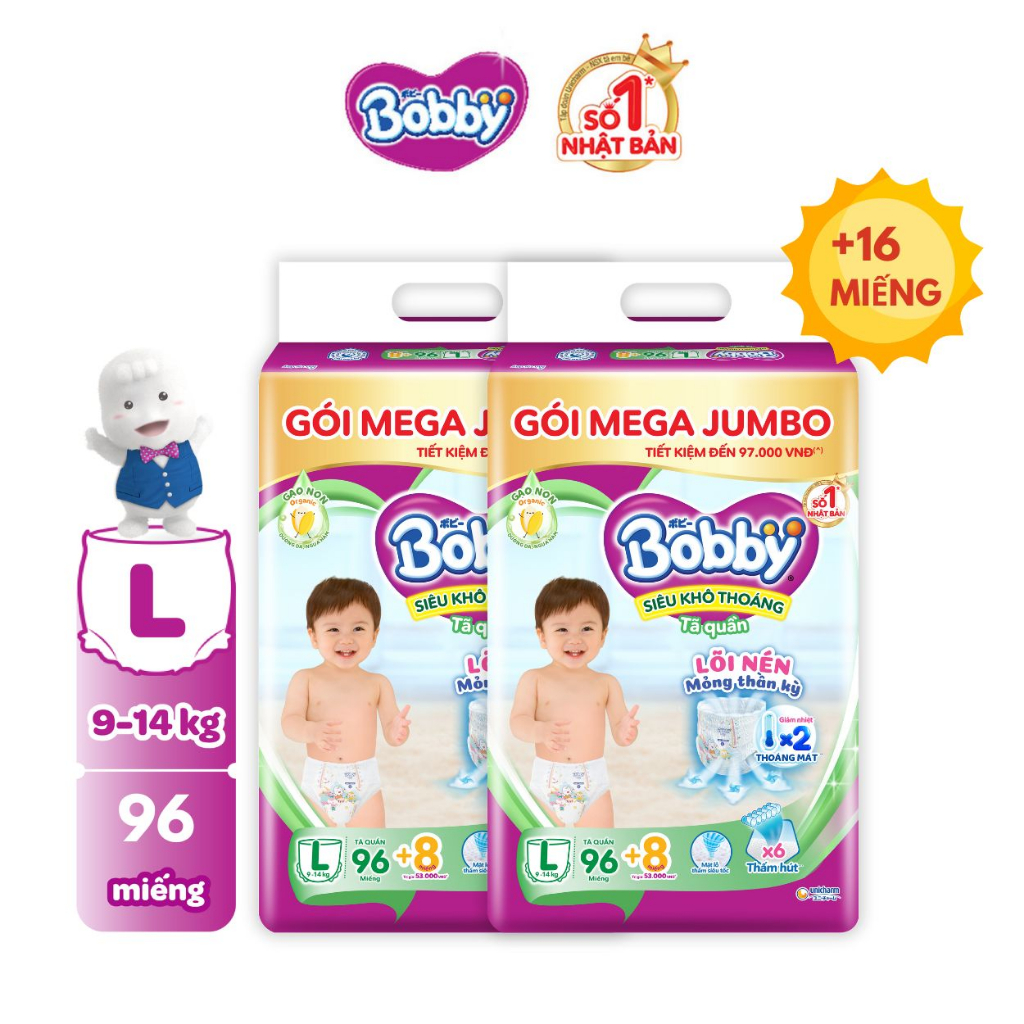 Bộ 2 Tã/bỉm quần Bobby 3mm Mega Jumbo Gạo non Giảm nhiệt M112/L96/XL84/XXL76