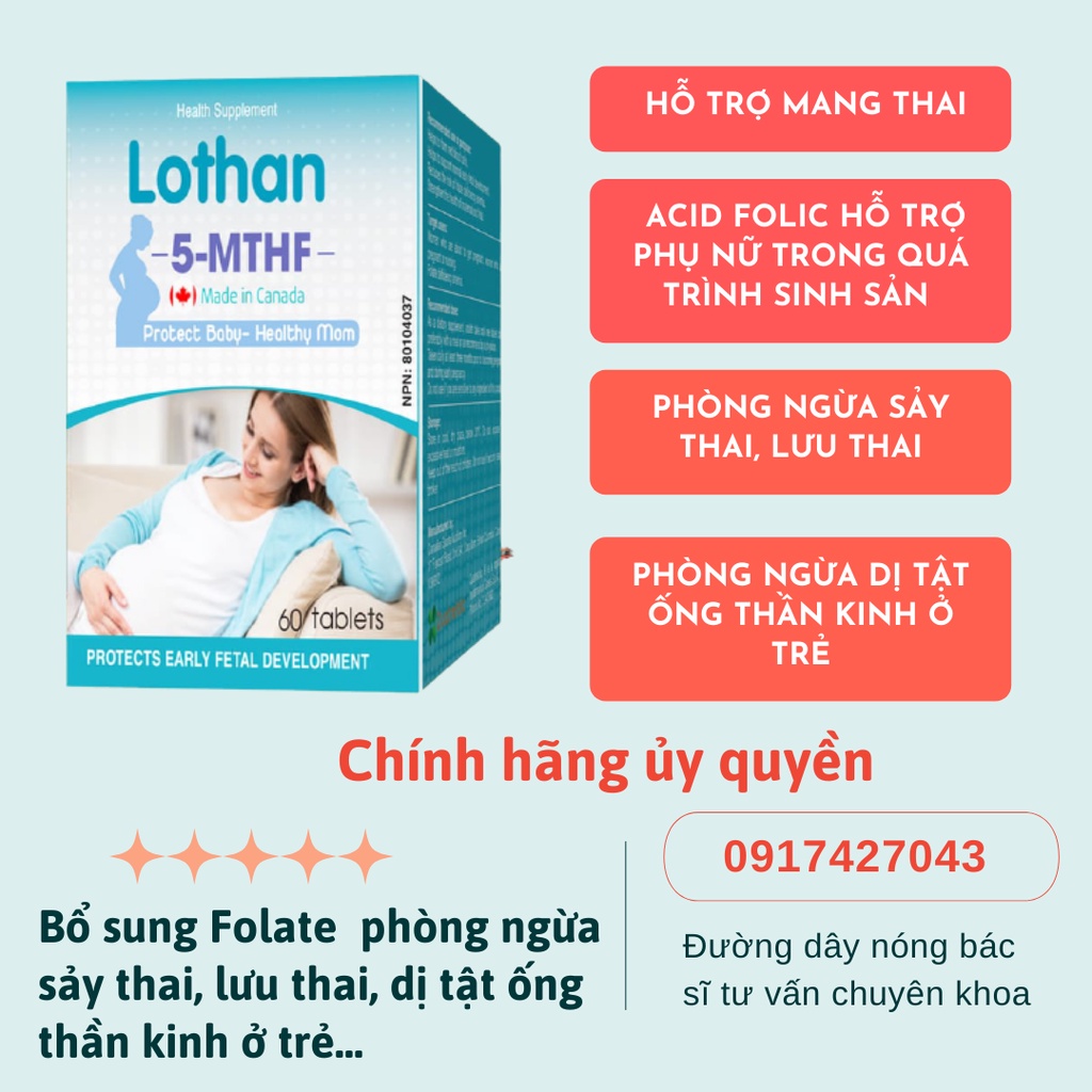 Sản phẩm hỗ trợ mang thai Lothan 5-MTHF bổ sung Folate giảm khả năng sảy thai, lưu thai, dị tật ở thai nhi - S3