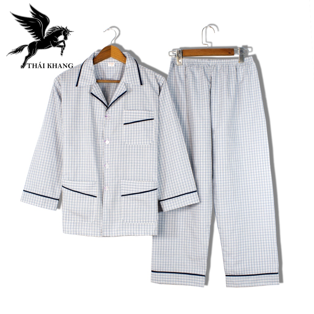 Bộ pijama nam dài tay trung niên vảo cotton mặc mát thoải mái cho người già loại bộ đồ trung niên mặc nhà loại caro