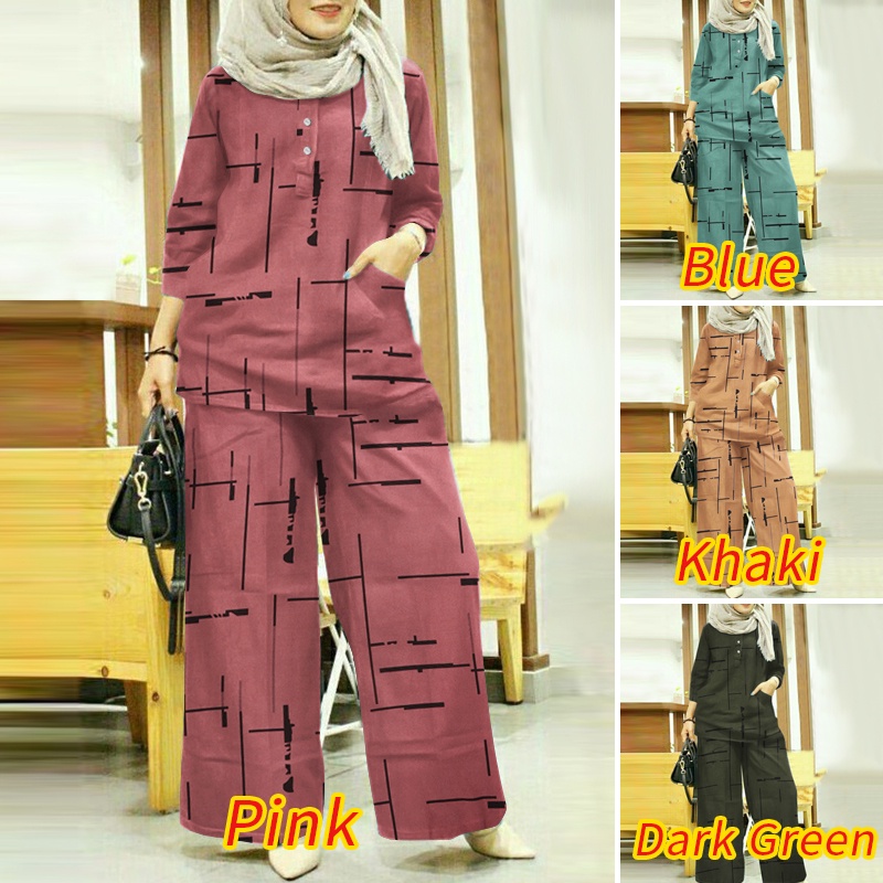 Set đồ ZANZEA gồm áo tay 3 / 4 phối nút và quần dài ống rộng lưng thun in họa tiết hồi giáo thời trang cho nữ