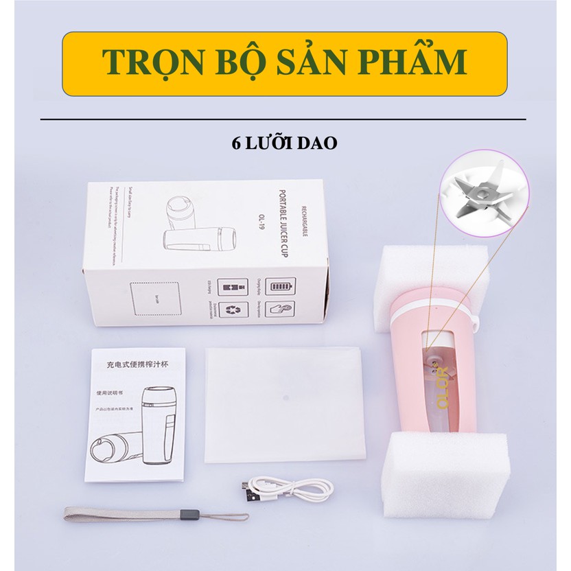 Máy Xay Sinh Tố Cầm Tay 6 Lưỡi Dao Pin 4000 mAh Sạc USB | Máy Say Trái Cây Hoa Quả Mini OLOR Dung Tích 400ml