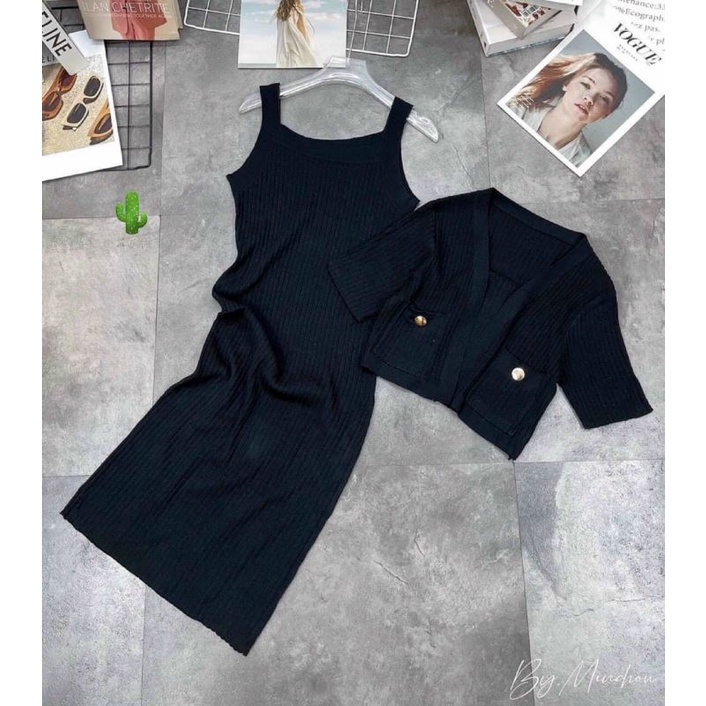 Sét đầm body dáng dài và áo khoác ngoài chuẩn body