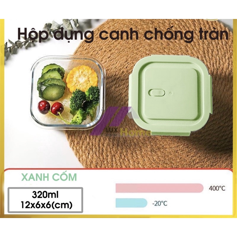 Hộp Thuỷ Tinh Mang Cơm Size Nhỏ Vuông 320ml - Nắp Chống Tràn, Chịu Nhiệt - Hộp Đựng Thực Phẩm Mang Cơm Văn Phòng