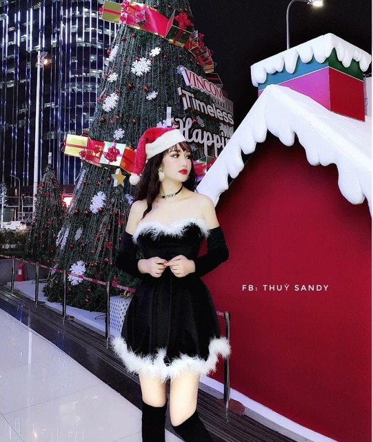 Váy cúp trễ vai viền lông noel siêu xinhhhh