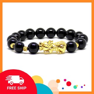 Vòng tay hạt   đen  mi Tỳ hưu, charm i vàng Tặng kèm hộp đựng  VT025 - Hợp mệnh Mộc, Thủy