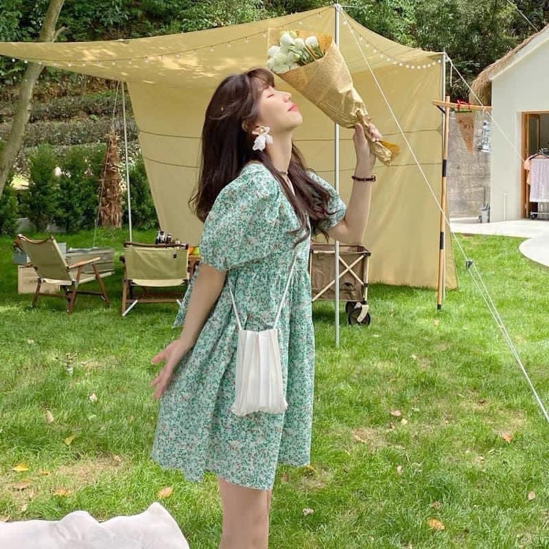 Váy babydoll nơ lưng hoa nhí xanh mint ullzang - Đầm xoè cổ vuông tay phồng nơ lưng xanh lá