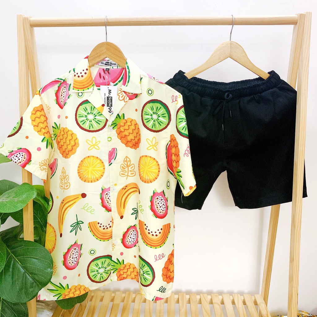 Áo Sơ Mi Họa Tiết Đi Biển Trái Cây Nam Nữ Unisex tay ngắn, chất lụa gân dày đẹp. hàng thiết Kế Mr.Smile 99 Shop