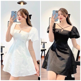 Đầm váy freesize chéo dây tay phồng 2 màu