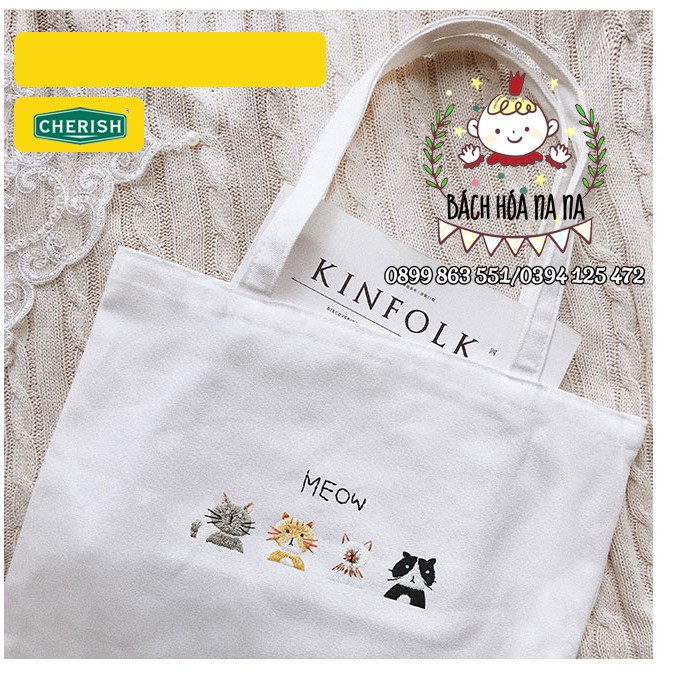 Bộ Kit nguyên liệu tự thêu handmade TÚI TOTE MÈO VUI VẺ-THÊU TRANH CHÚ MÈO-(Có kèm khung thêu) Bách hóa Na na