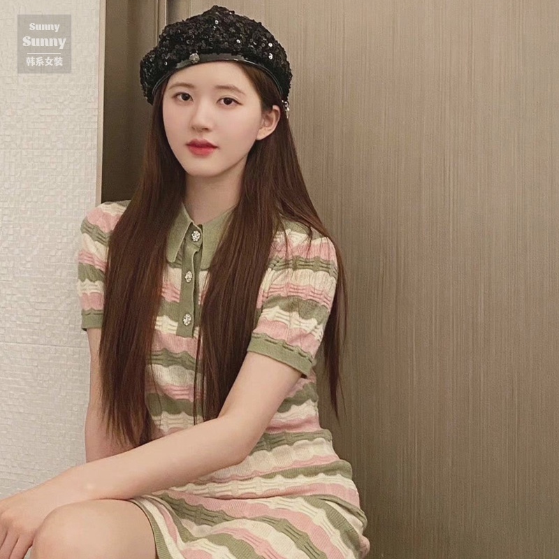 Đầm dệt kim ZHELIHANGFEI kẻ sọc cổ polo dáng ôm phong cách gợi cảm cho nữ