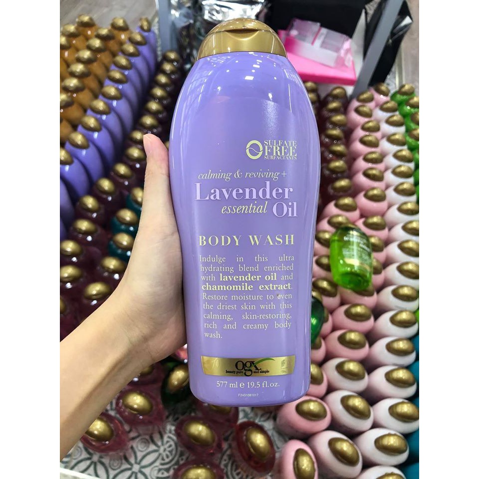 Bộ đôi sữa tắm và lotion Ogx Lavender essential oil 577ml.