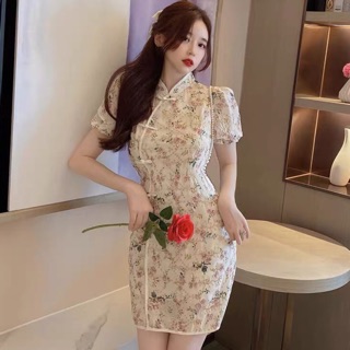 Có sẵn/ video Sườn xám cách tân hoa nhí tiểu thư. Váy body ôm dáng tay bồng dáng ngắn có hình thật