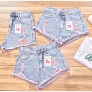 QUẦN SHORT JEANS RÁCH CHỈ HỒNG 3 SIZE S M L