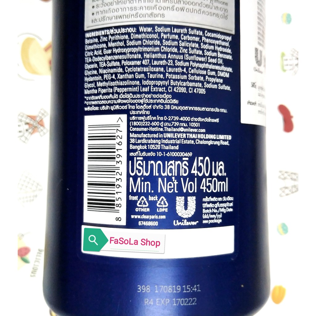 Dầu gội Thái Lan CLEAR MEN 400ml🇹🇭 Clearmen bạc hà mát lạnh Cool sport menthol than hoạt tính vỏ cam Deep cleanse