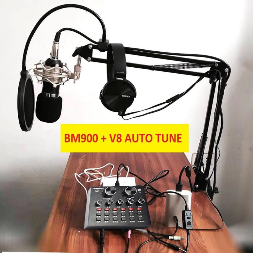 Combo thu âm BM900,sound card V8 Autotune,dây live,chân kẹp Tặng tai nghe (BH 12 tháng)
