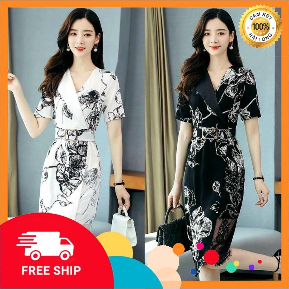Đầm ôm - Đầm body in hoa cổ vest cao cấp - 2 màu