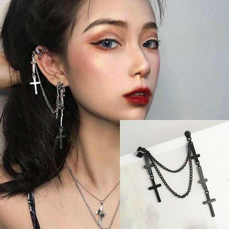 Bông Tai Dạng Xỏ Bằng Thép Không Gỉ Hình Thánh Giá Phong Cách Punk Hàn Quốc Dành Cho Nữ