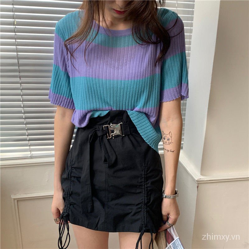 Áo dệt kim Do Dower tay ngắn dáng rộng họa tiết kẻ sọc màu tương phản thời trang mùa hè Hàn Quốc cho nữ | BigBuy360 - bigbuy360.vn