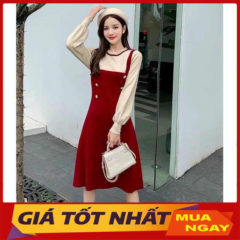 Đầm Nữ  Chất Len Quảng Châu Giả Yếm Khuy Dọc Dưới Hàng Loại 1 M016