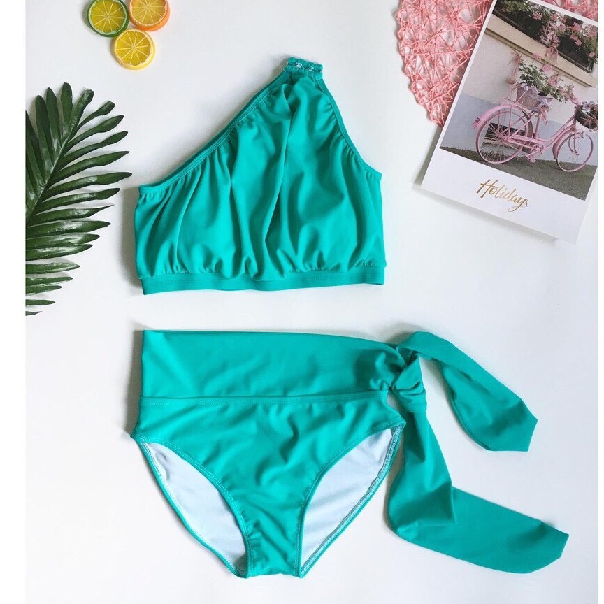 BIKINI Bộ Bơi Áo Lệch Vai Phối Khoen Vuông Quần Nơ Dài Phong Cách Hy Lạp - BIKINI129K