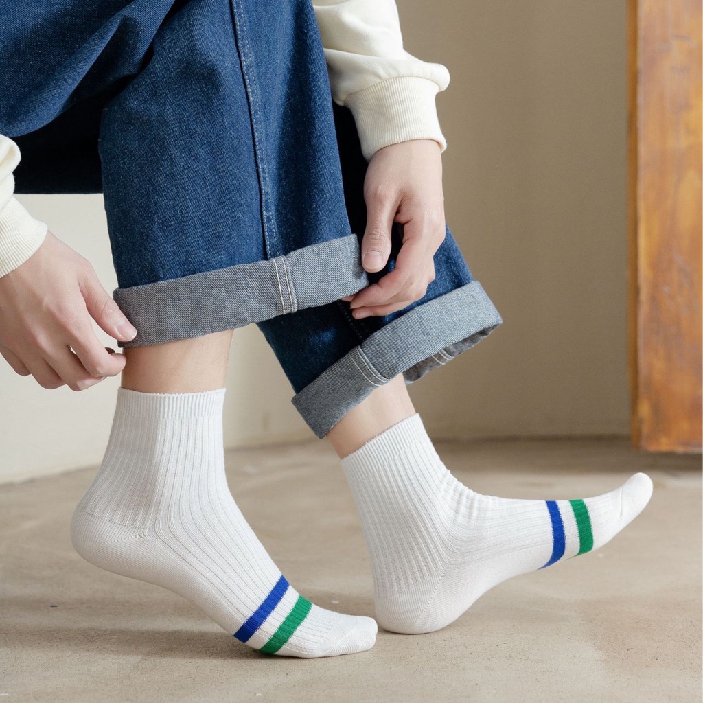 Tất cotton thêu sọc/ caro/ trái tim màu xanh lục ống vừa thời trang nam nữ