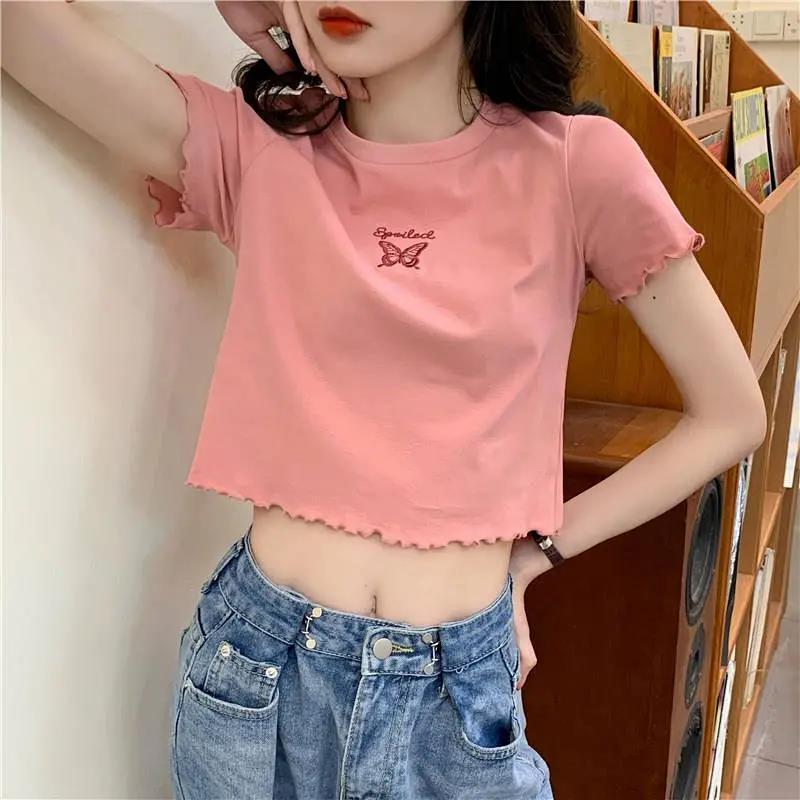 Áo Croptop Ngắn Tay Thêu Hình Bướm Xinh Xắn Cho Nữ GK0I