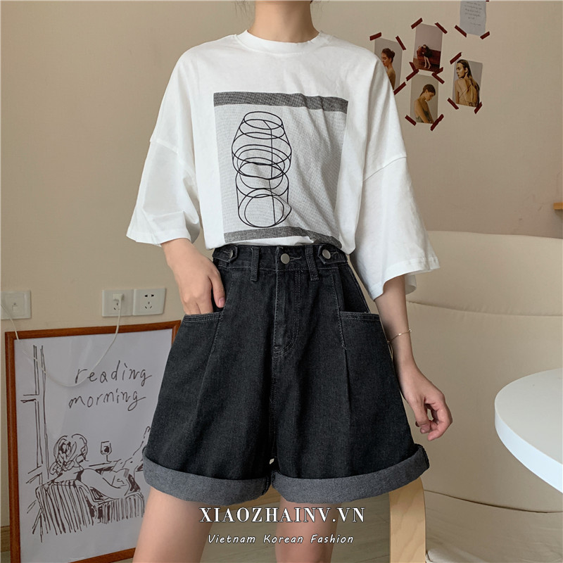 Quần Short Denim Nữ Lưng Cao Dáng Rộng Phong Cách Hàn Quốc Với 3 Màu Tùy Chọn