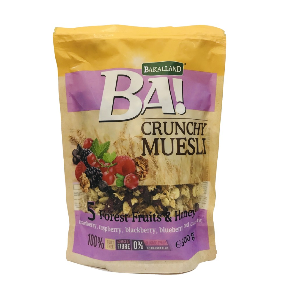 Ngũ cốc Trái Cây BAKALLAND Muesli giòn và trái cây cherry, dâu rừng, mâm xôi, việt quất và nho. TÍM