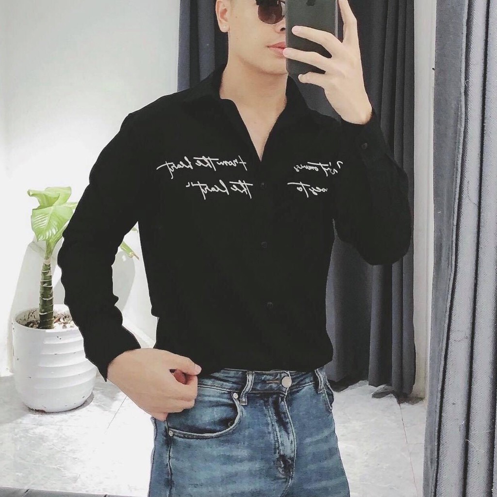 Áo sơ mi Nam Nữ 🔅FULL SIZE🔅 Áo sơ mi đũi dài tay thêu chữ , chất vải mềm mịn, dày dặn, co dãn 4 chiều, thấm hút mồ hôi
