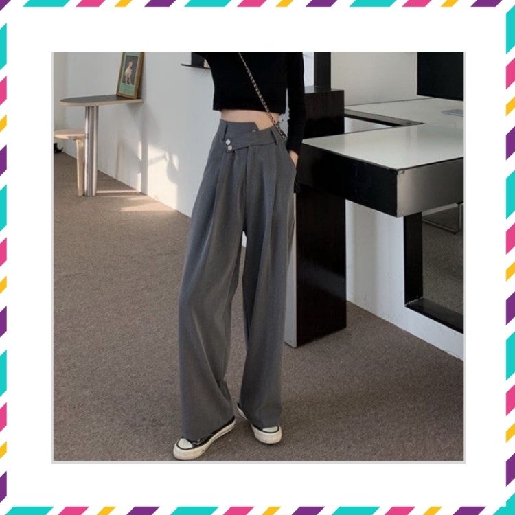 Quần culottes dáng suông cạp lệch 2 cúc màu xám, đen vải Quảng Châu thời trang nữ (Hàng Order)
