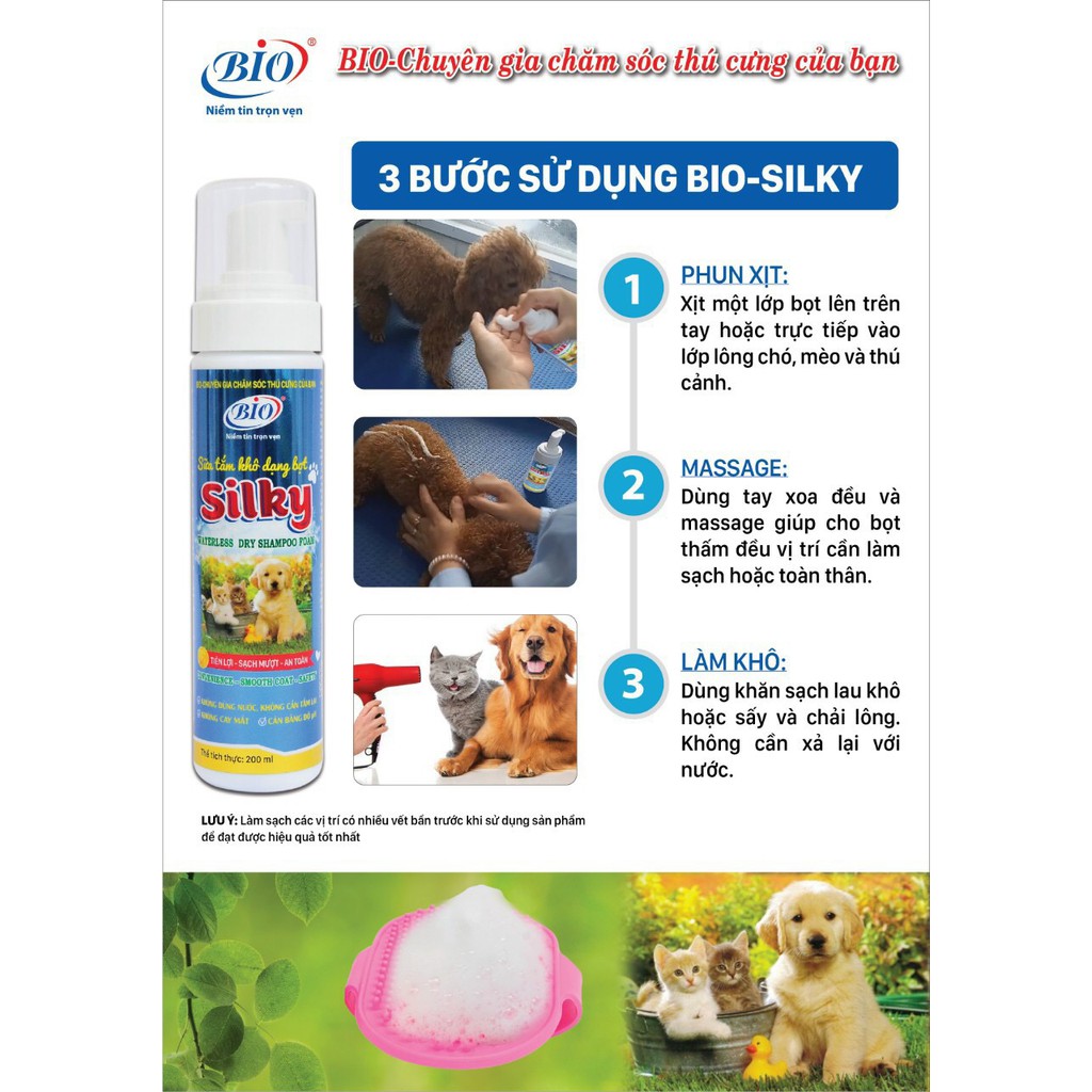 Xà bông khô dạng bọt( Bio- SILKY 200ml) Tắm cho chó mèo