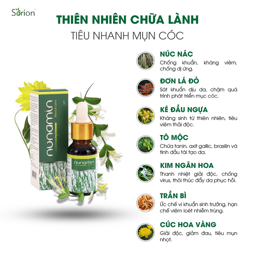 Nunamin Serum 15ML - Cho da Mụn cóc, Mụn cơm, Mắt cá chân, Chai chân, Mụn thịt, Mụn ruồi chiết suất từ thảo mộc Việt