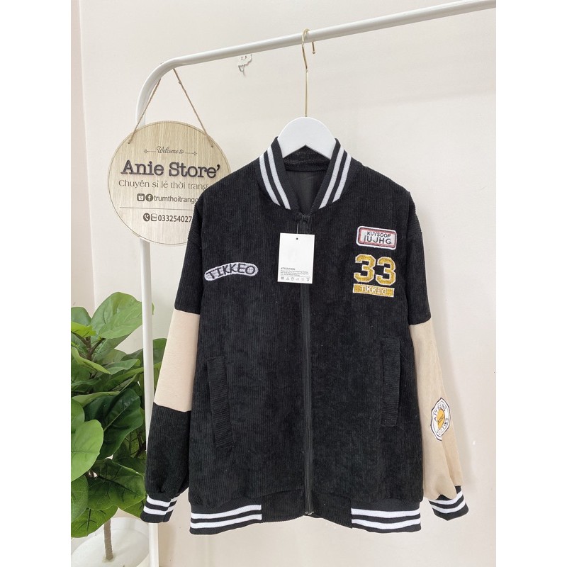 Áo Bomber Nhung Gân 33 🦋 Áo Khoác Sọc Phối Màu Thêu Chữ 🦋