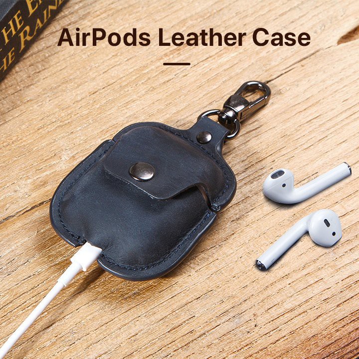 Bao da hộp sạc đựng Airpods khoét đáy da bò thật 100% có móc treo khóa
