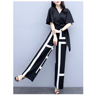 HN5611 SET BỘ ÁO CỔ TIM ĐẮP CHÉO QUẦN ỐNG SUÔNG