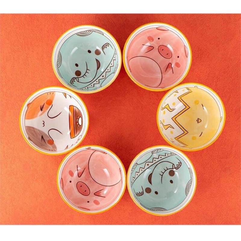 Set 6 Chén Sứ Họa Tiết Vân Nổi Kèm 6 Đôi Đũa Bohemia - Bát Sứ Hoa Văn Thổ Cẩm, Hình Thú Xinh Xắn (SP200207)