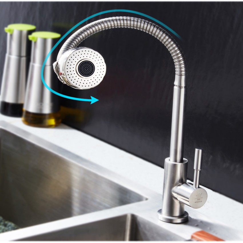 Vòi rửa chén bát nóng lạnh cắm chậu QH-CF031 Inox 304 cần lò xo đầu xả tăng áp 2 chế độ -Bảo hành 03 năm