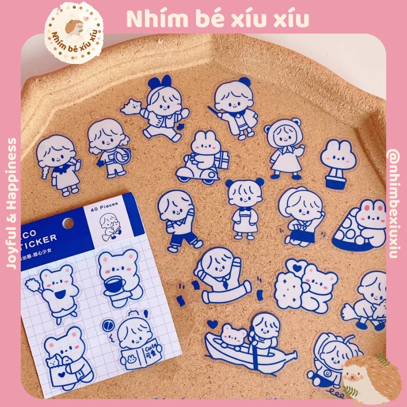 Set 40 sticker viền xanh THỎ TAI HỒNG chống thấm nước Deco Sticker Mr.Paper VT363