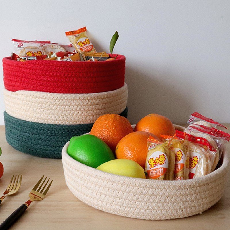 Giỏ Đựng Trái Cây/ Đồ Ăn Vặt Bằng Cotton Dệt Màu Trơn Đơn Giản Hiện Đại Trang Trí Nhà Cửa