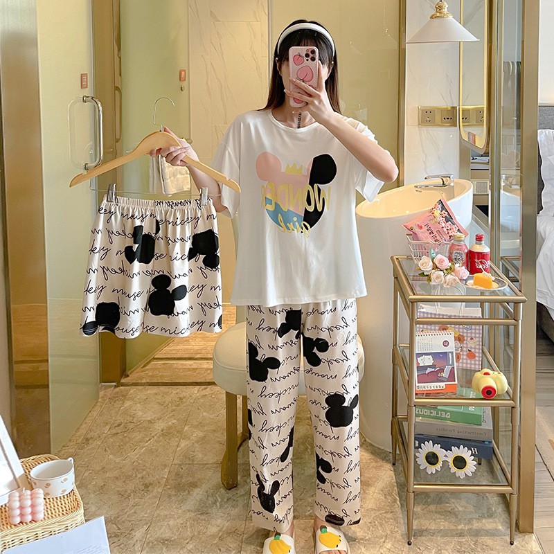 Đồ bộ nữ cộc tay hai quần dài ngắn chất cotton hoạt hình siêu xinh TN08 | BigBuy360 - bigbuy360.vn