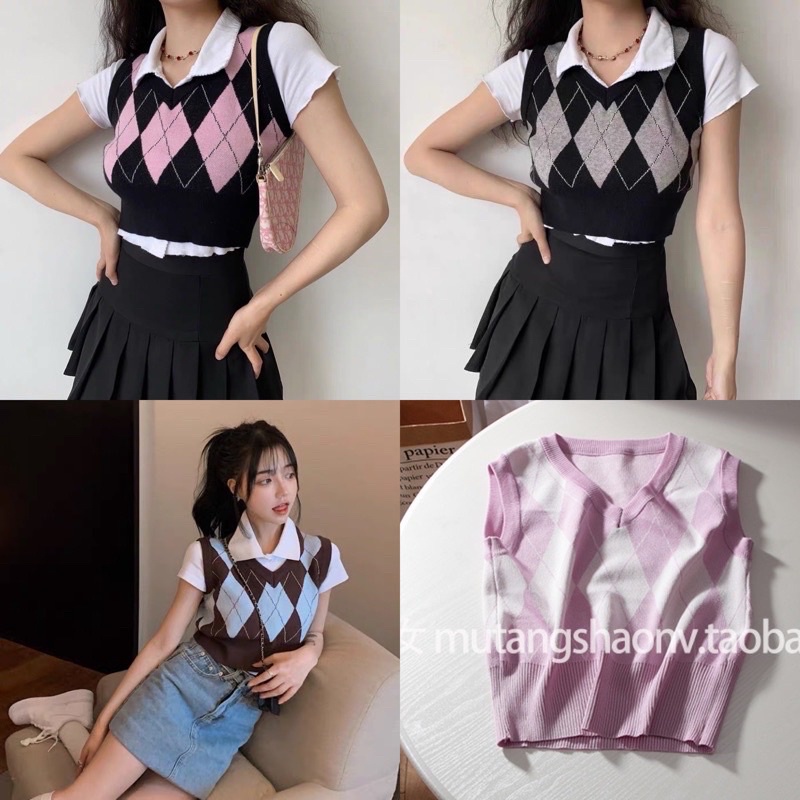 Áo Gile len kẻ ô quả trám giống Rosé BLACKPINK & Miyeon GIDLE