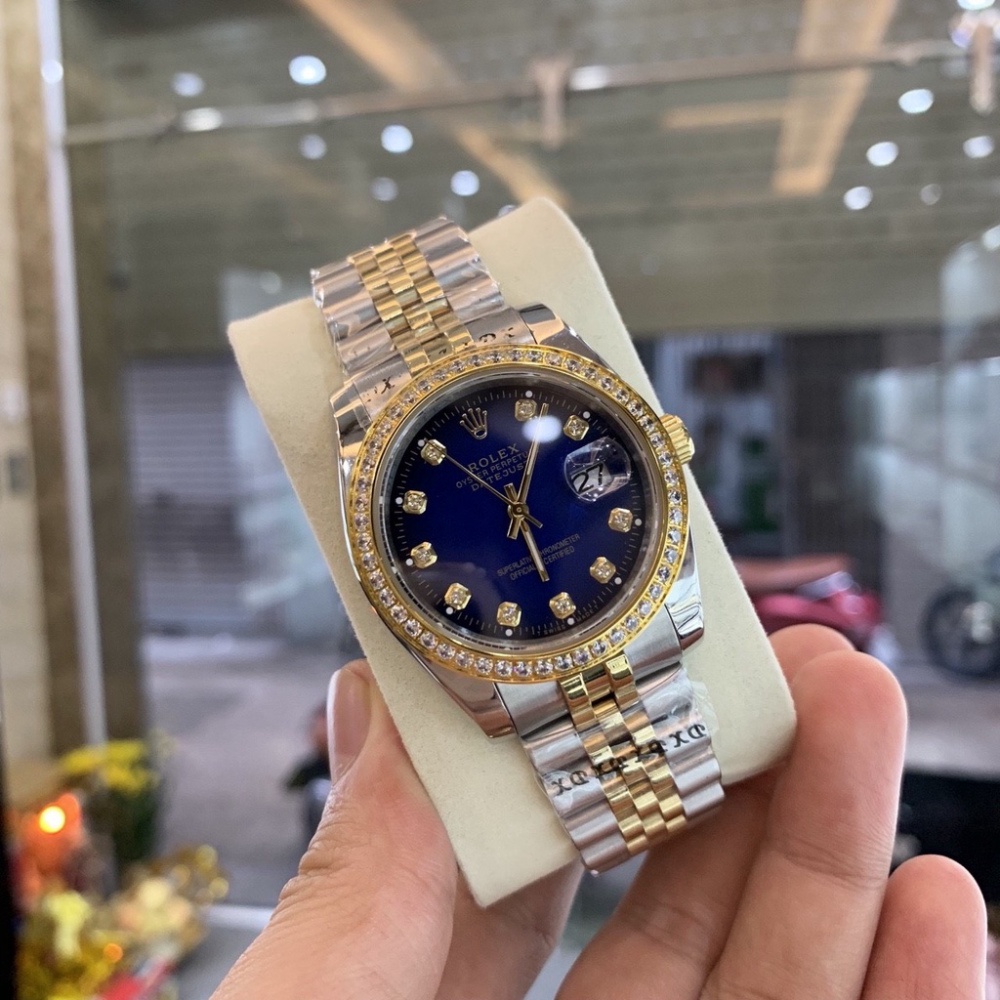 Đồng Hồ Nam RoLex DayJust Sapphire RA25 Mặt XANH viền đá Máy cơ Automatic Nhật Chống xước Tuyệt Đối