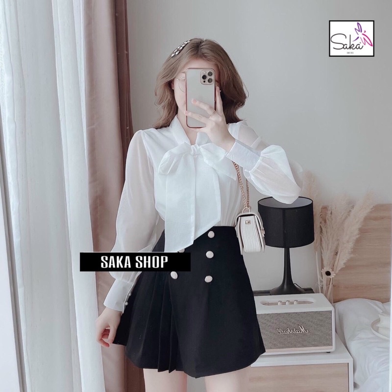 [ship 30ph] Áo sơ mi buộc nơ tiểu thư tay dài cài nút dễ thương